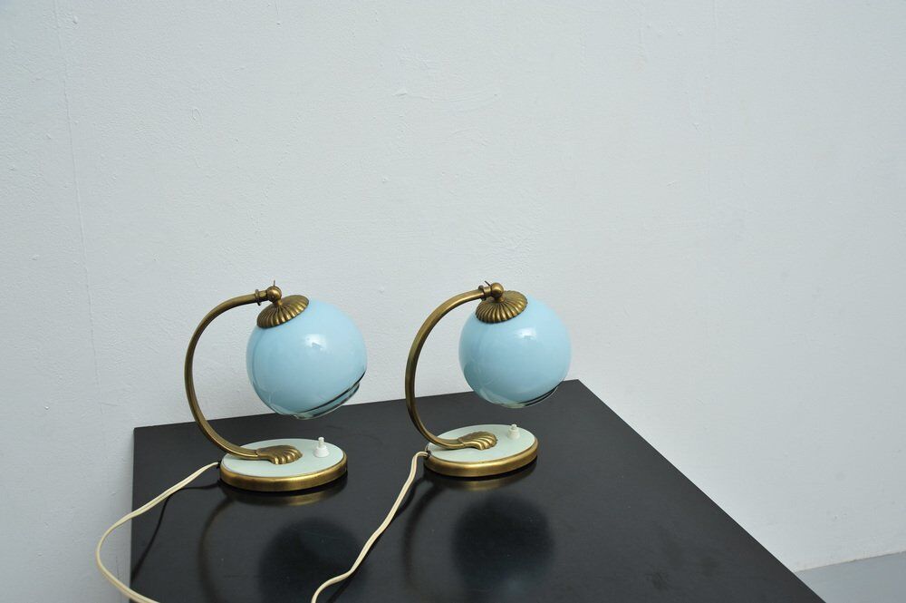 Set of 2x Bedside lamps with blue glass and bronze feet, 1930s