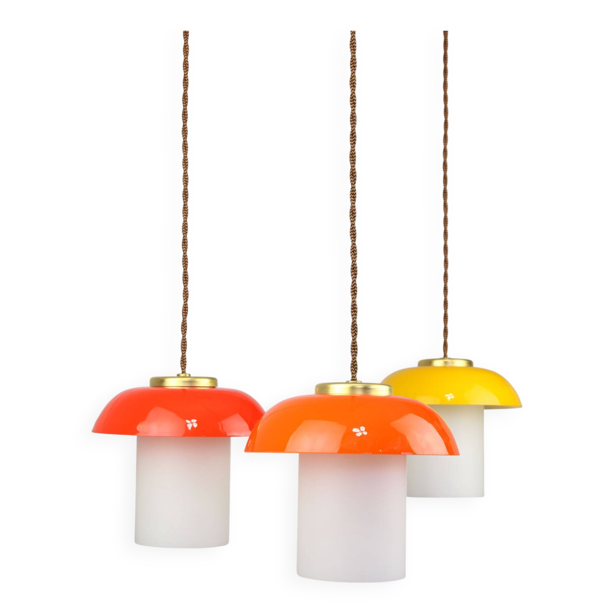 Lampes suspendues en verre et laiton en forme de champignon des années 50, ensemble de 3