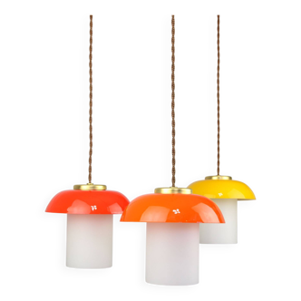 Mid-Century Glass and Brass Mushroom Pendant Lamps, Set of 3