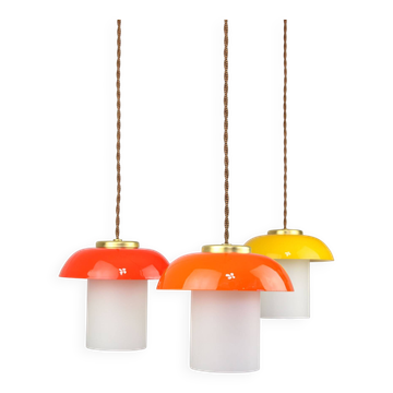 Mid-Century Glass and Brass Mushroom Pendant Lamps, Set of 3