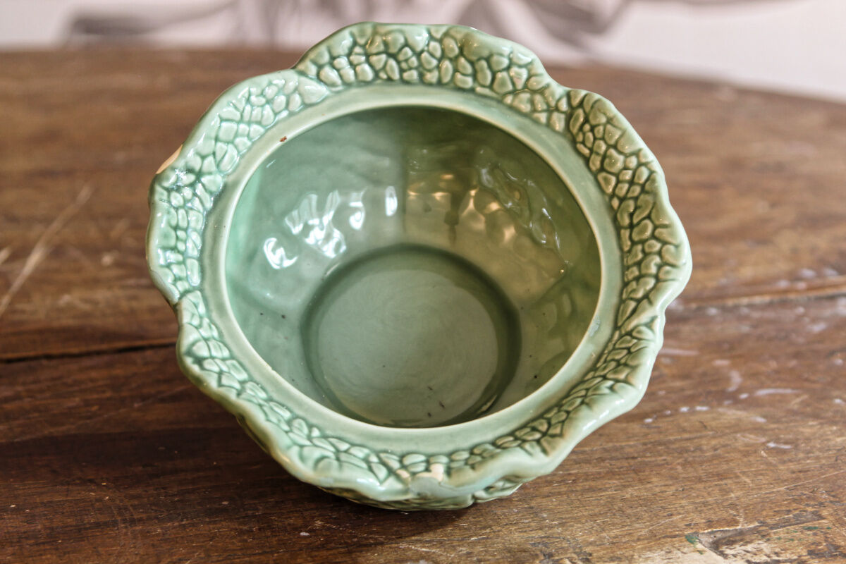 Covered pot in slip, collard greens