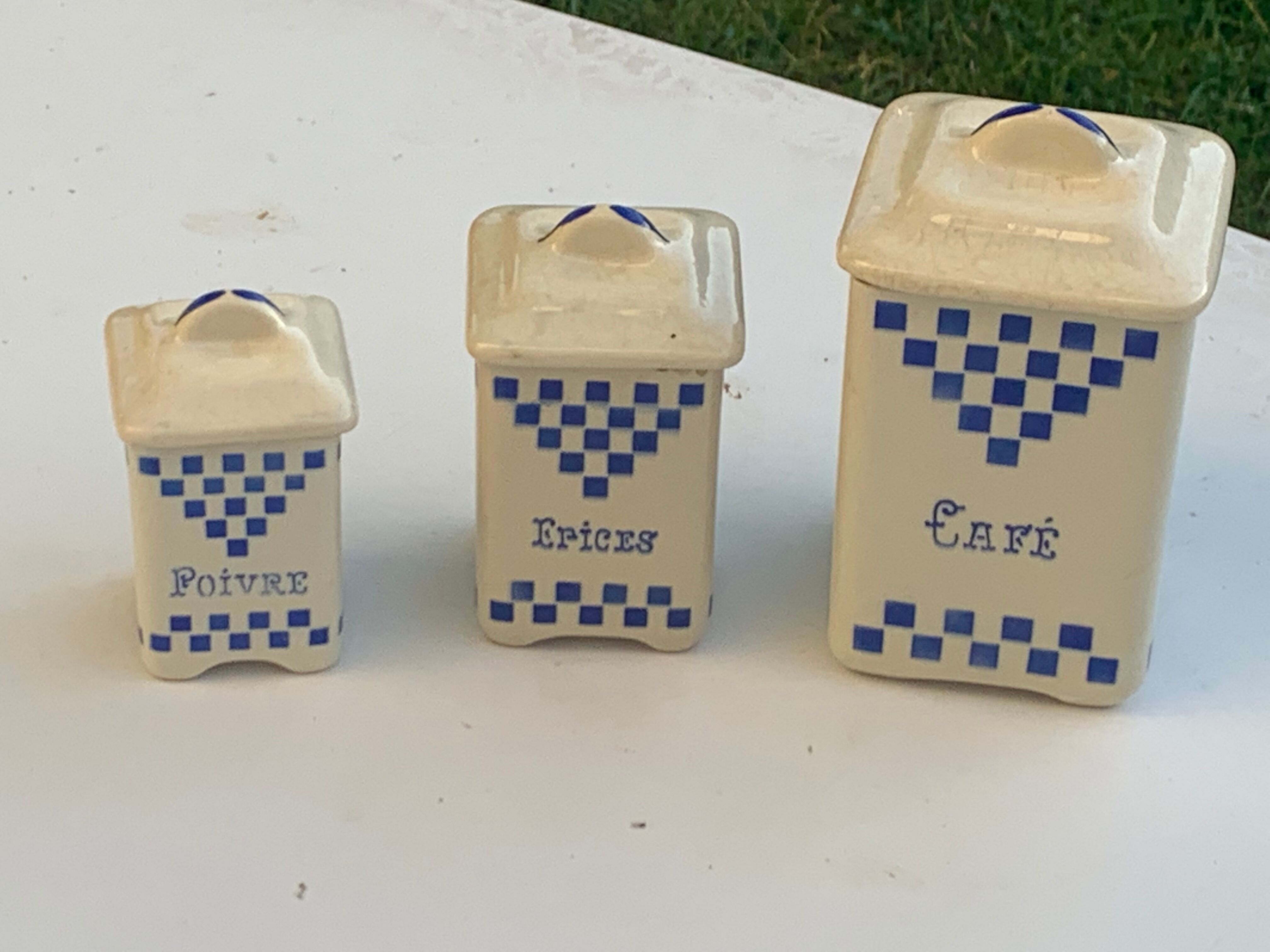 Set of 3 earthenware spice pots geometric pattern art deco period