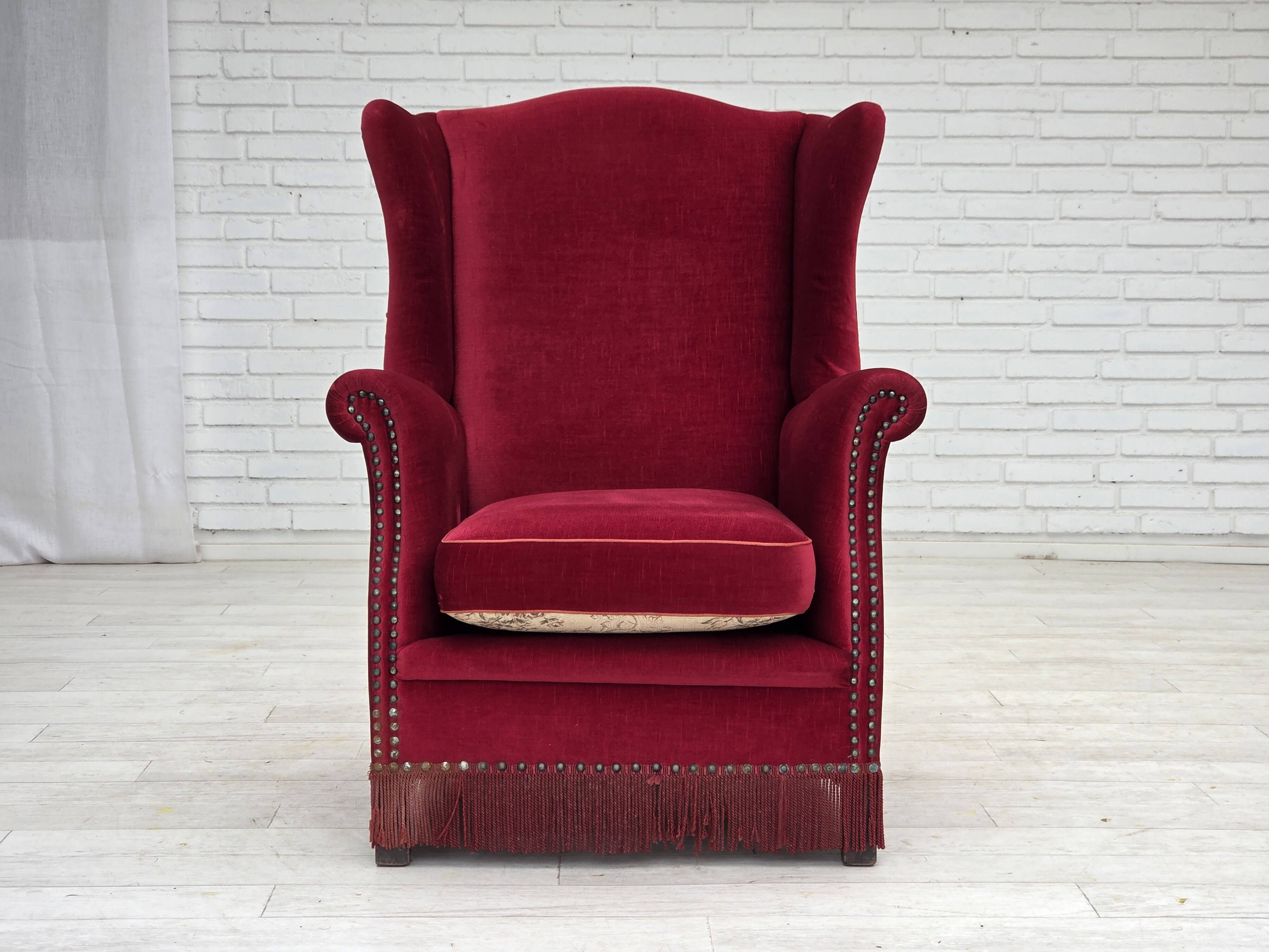 1970s, Danish highback armchair, red furniture velour, ash wood.