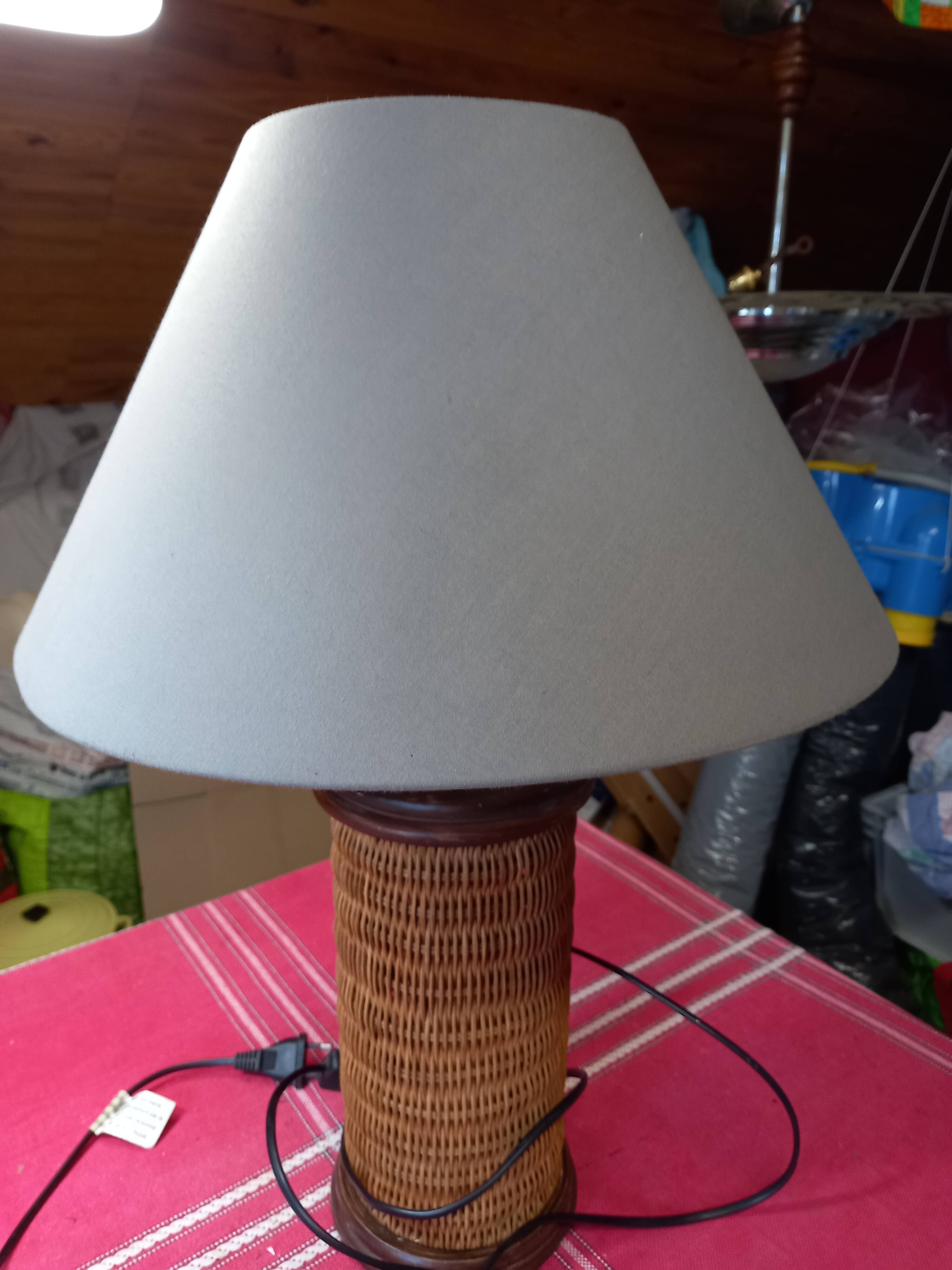 Pretty wicker and wood lamp with gray shade