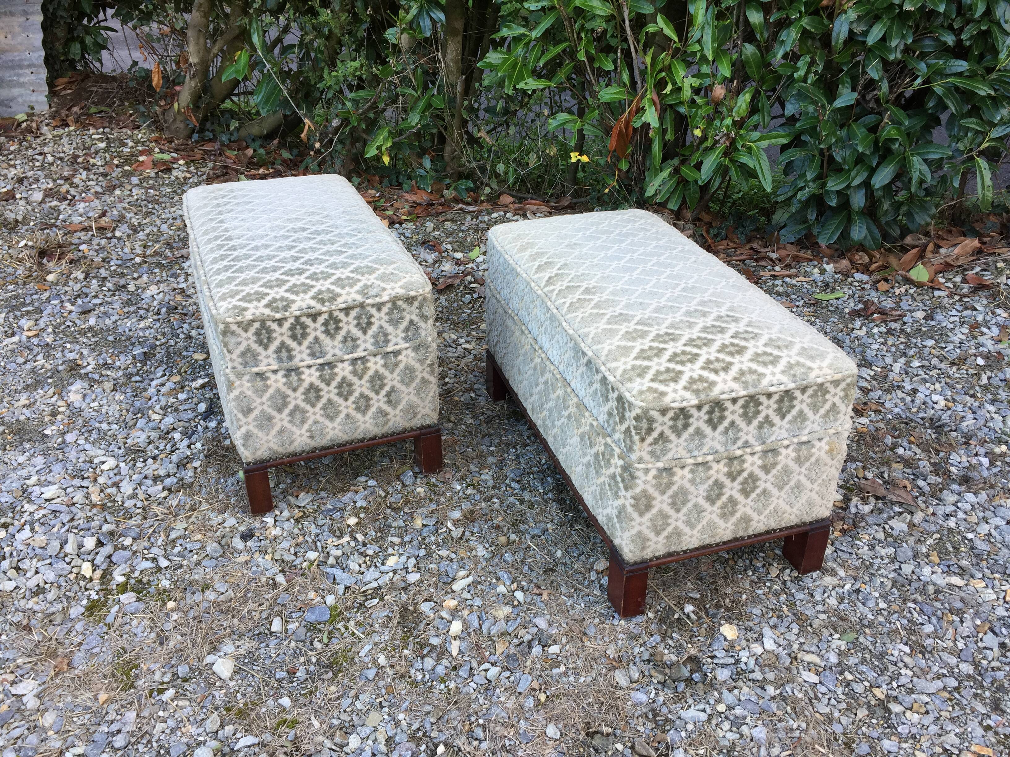 Duo of vintage velvet poufs and walnut base