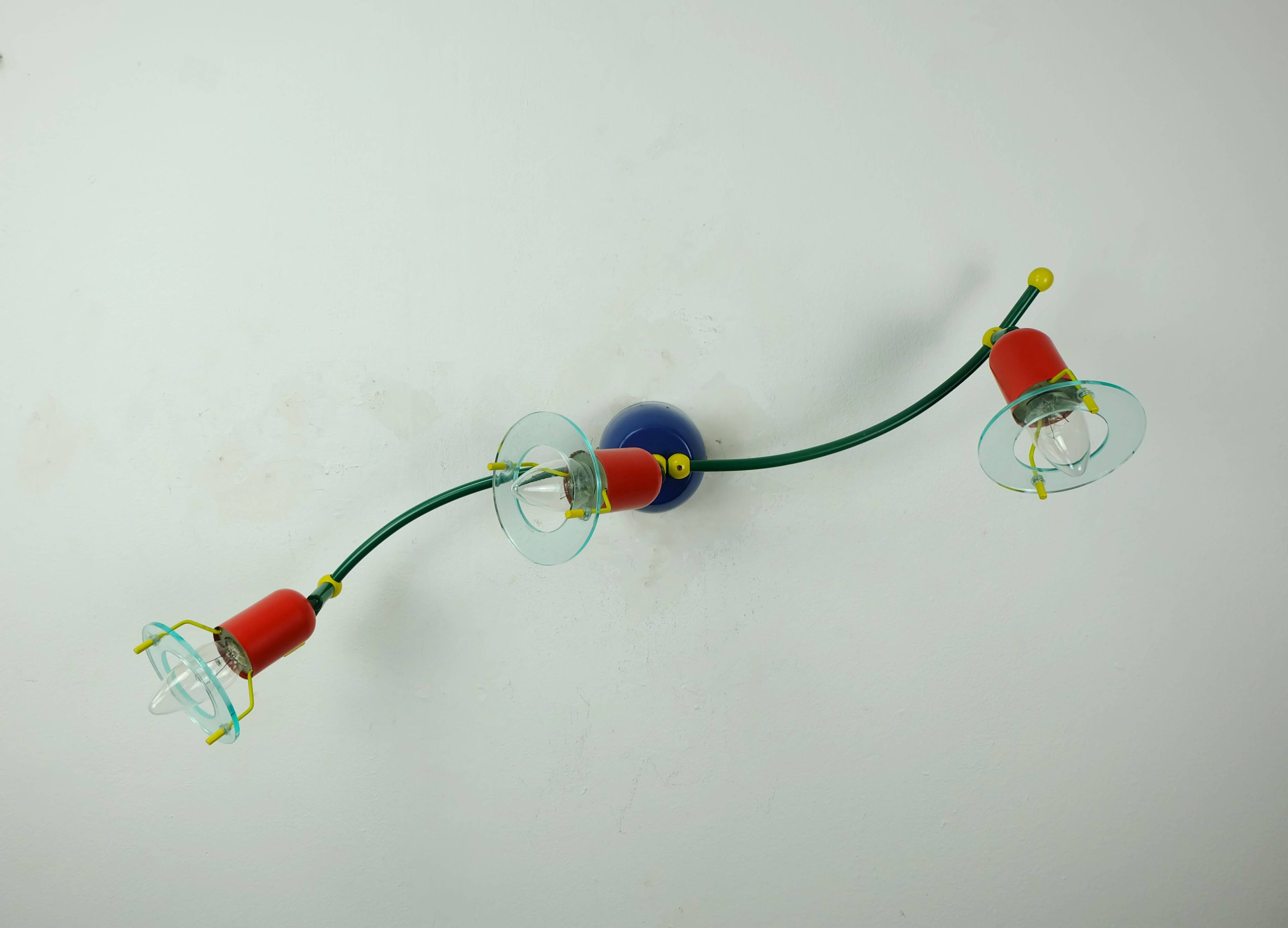 1980s 3-spot ceiling fixture metal and lucite honsel memphis era
