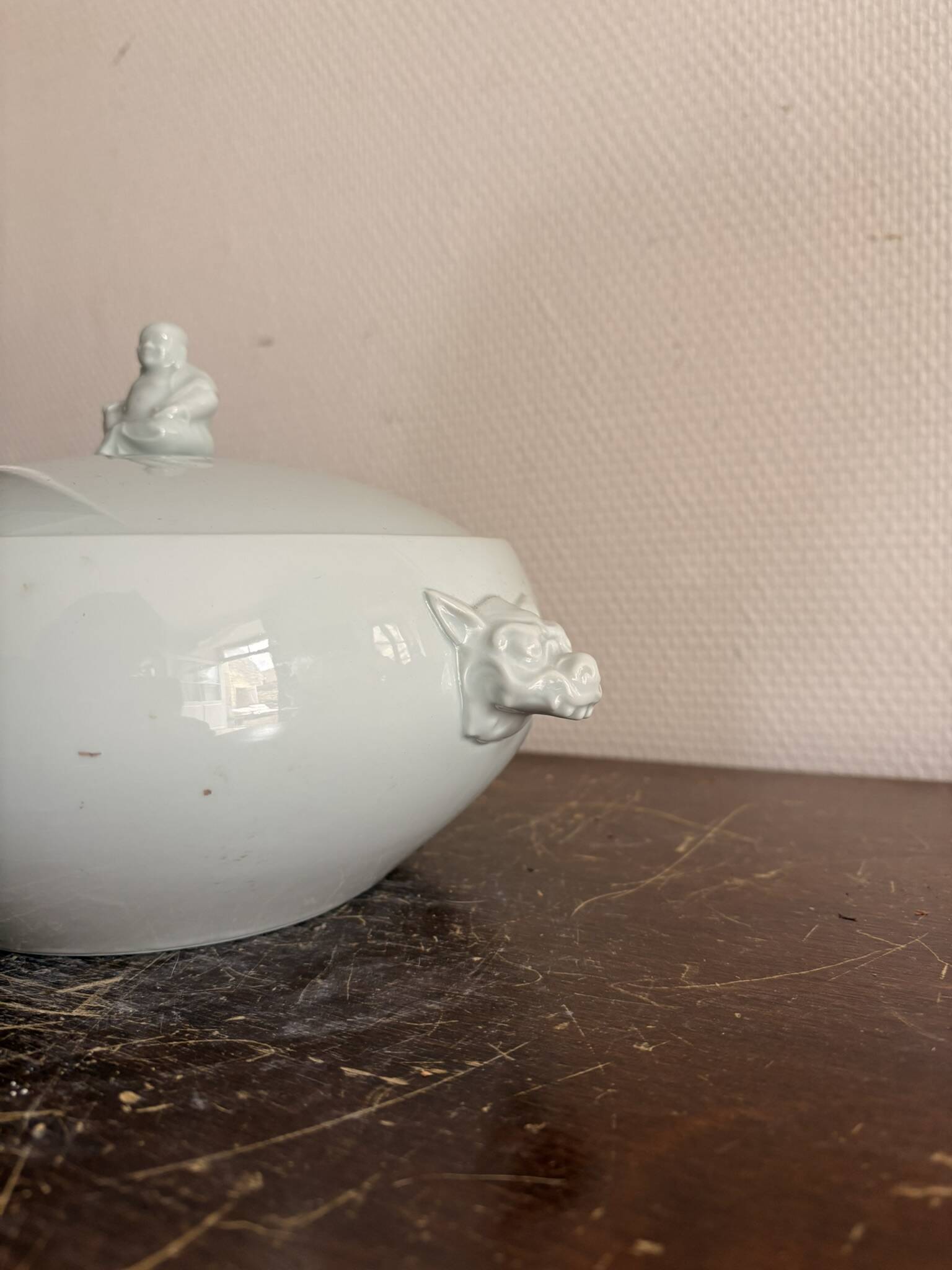 Celadon Ceramic Soup Tureen Vegetable Dish Buddha Art Deco