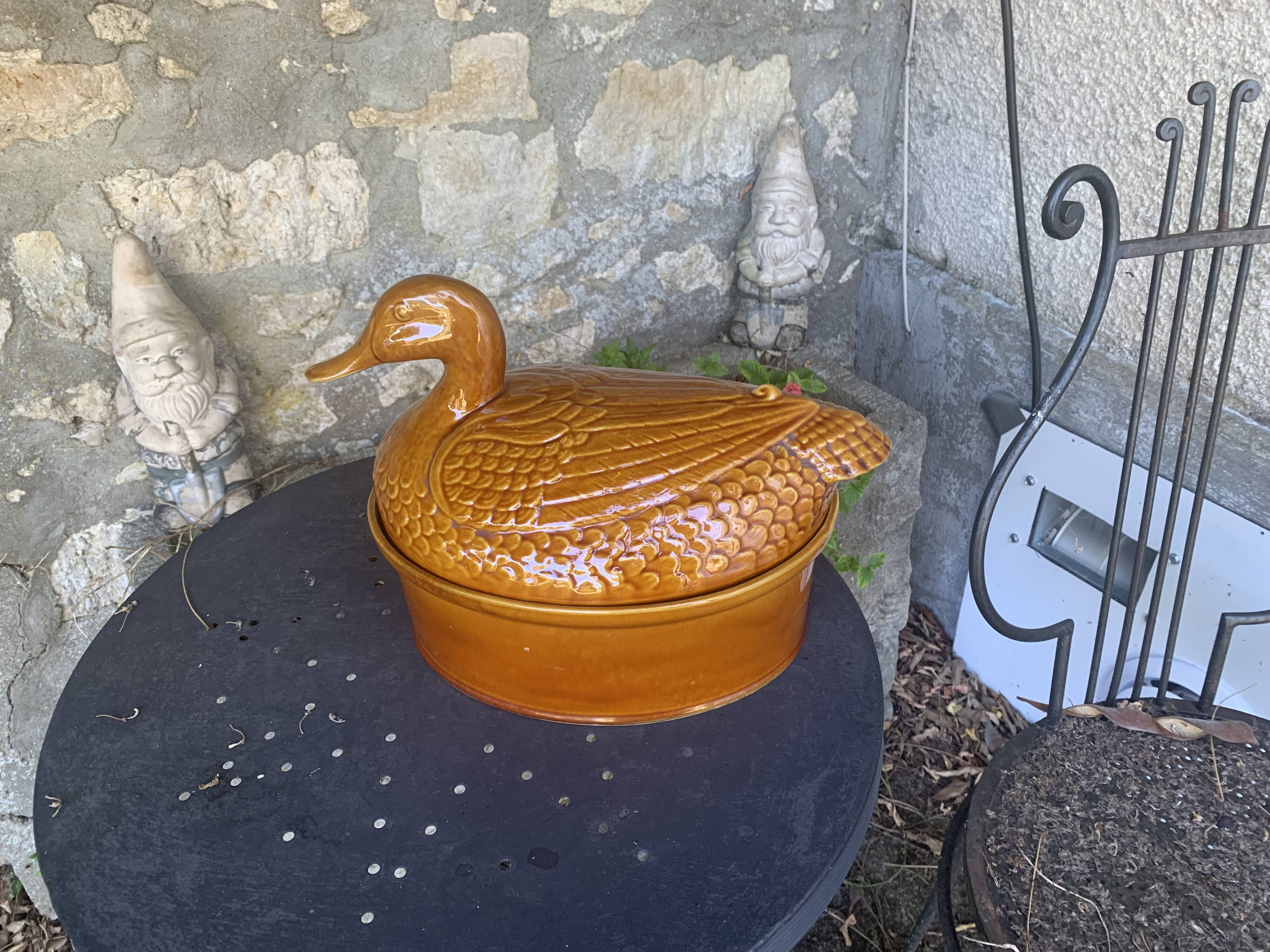 Duck, slip, glazed ceramic terrine, brown, vintage