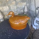 Duck, slip, glazed ceramic terrine, brown, vintage