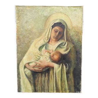 Peinture à l’huile hollandaise de la Vierge à l’Enfant, signée C. Vesters, 1940