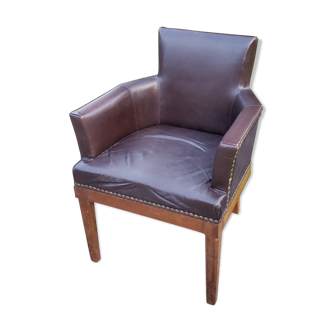 1930 art deco office armchair in mahogany and brown leather