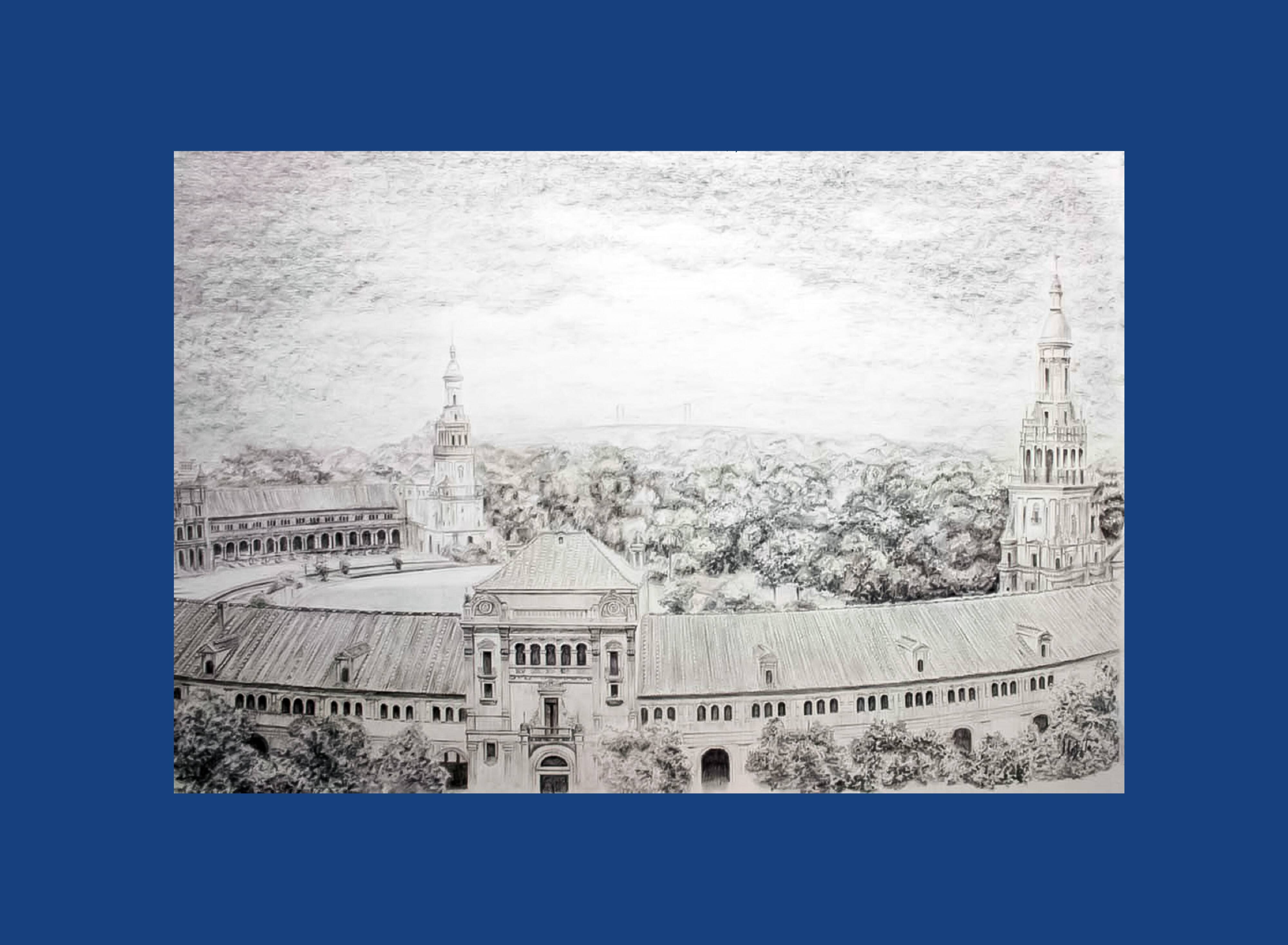 Plaza de España in Seville. Charcoal and graphite drawing. Seville Plaza de España.