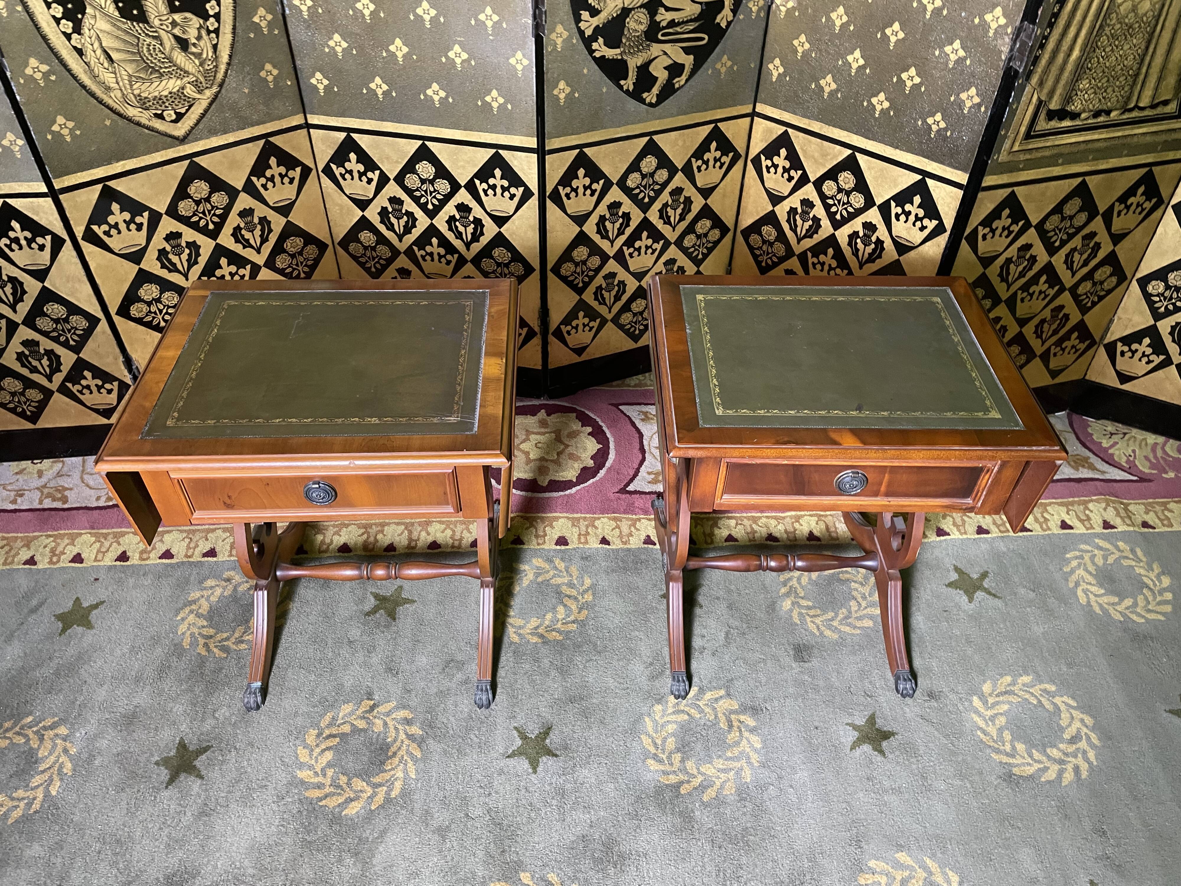 Pair of English style bedside tables in green leather
