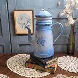 Antique blue enamel coffee pot – complete – floral decoration – 1930s