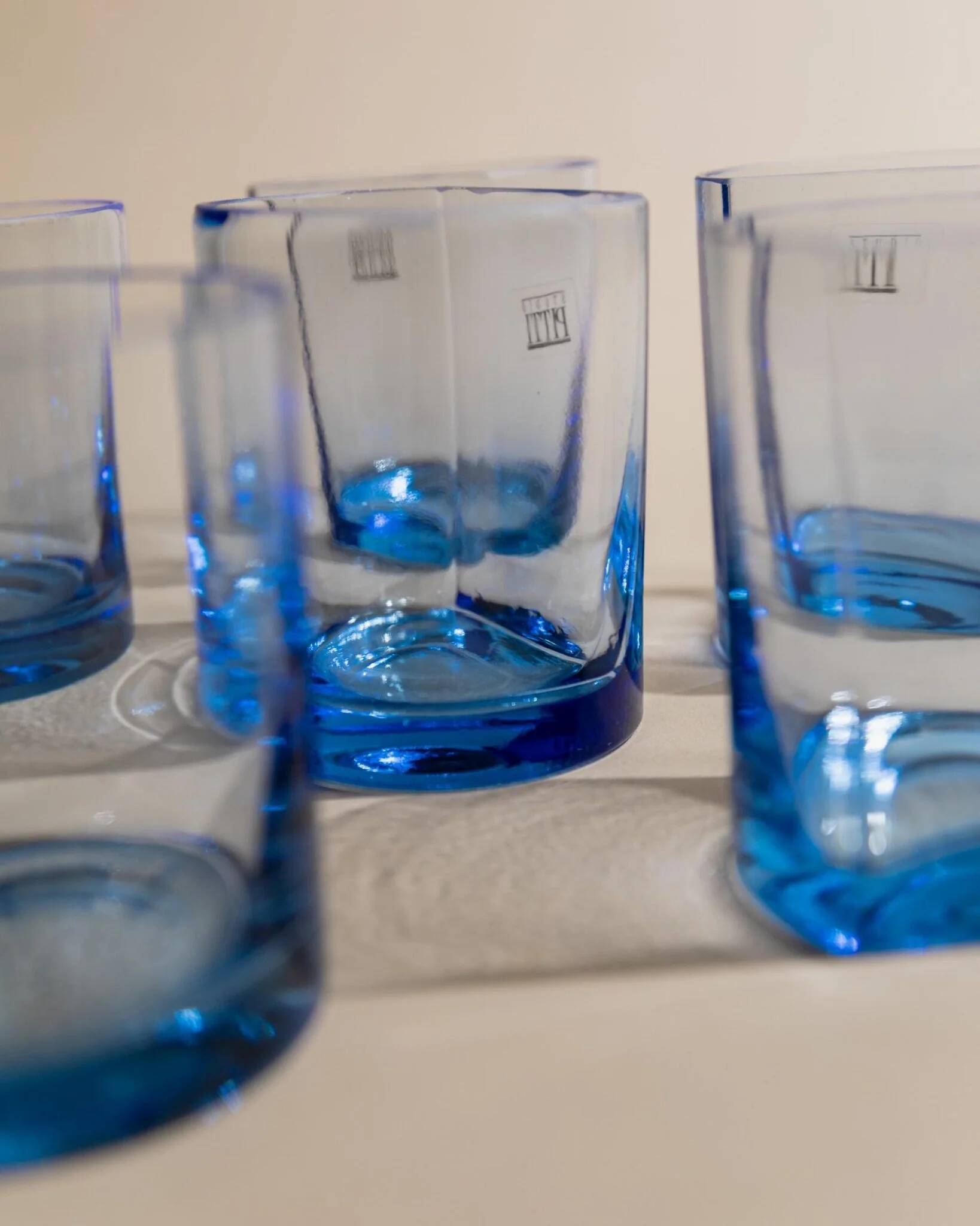 Set of 6 vintage blue drinking glasses with curved design, Pitti Studio, Italy, 1980s.