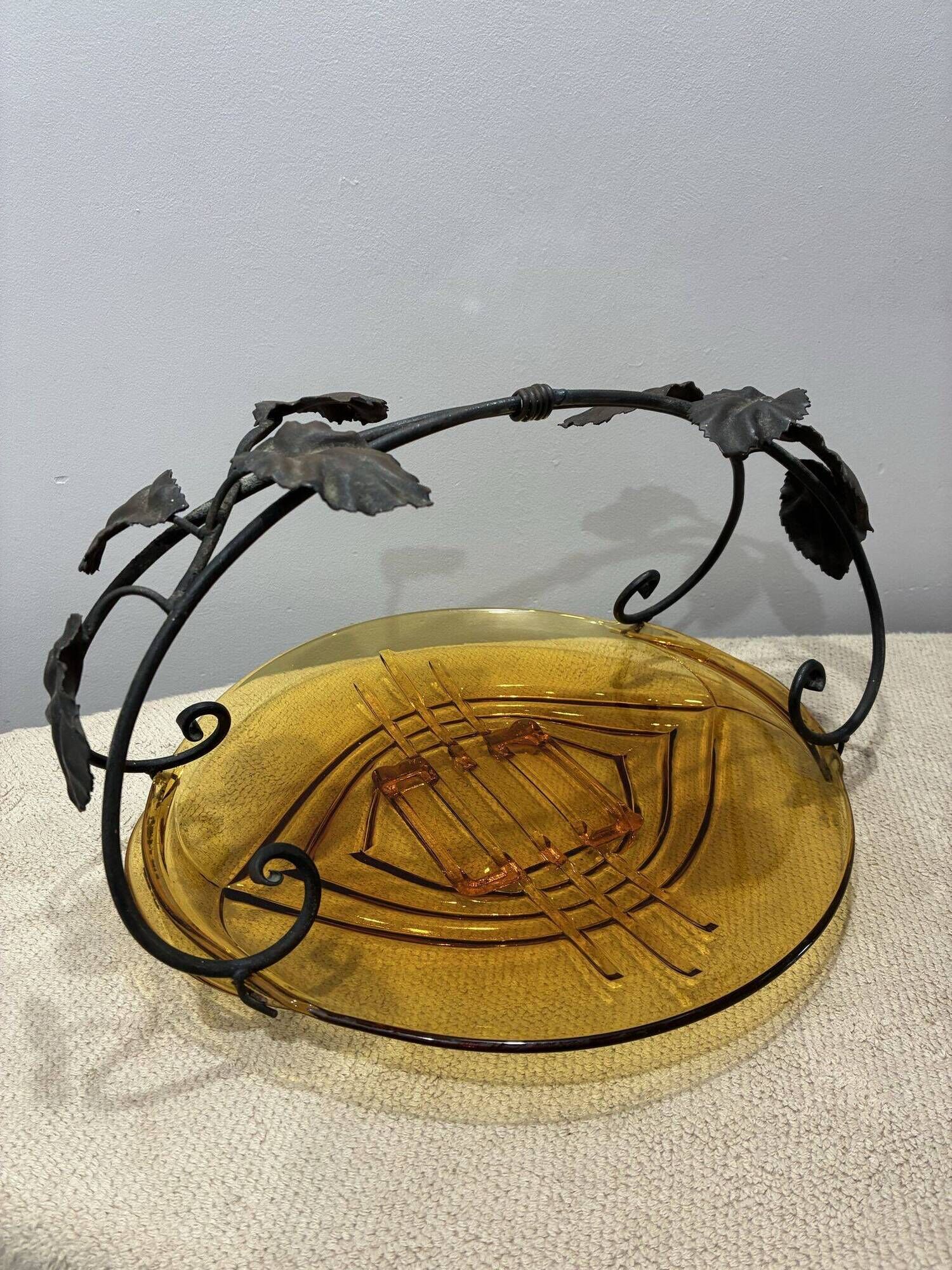 Val Saint Lambert amber glass bowl, Candide series, metal leaf mount