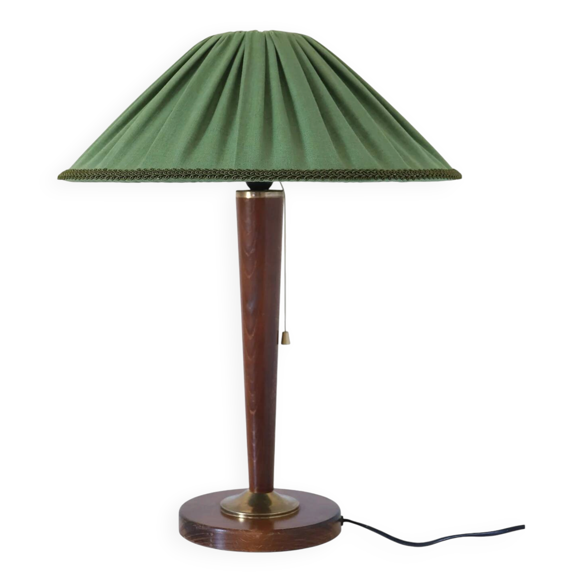 Recycled vintage lamp — spindle wooden base, pleated green linen shade