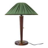 Recycled vintage lamp — spindle wooden base, pleated green linen shade