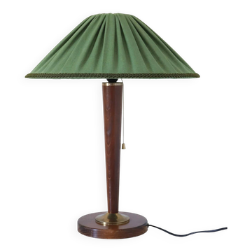 Recycled vintage lamp — spindle wooden base, pleated green linen shade