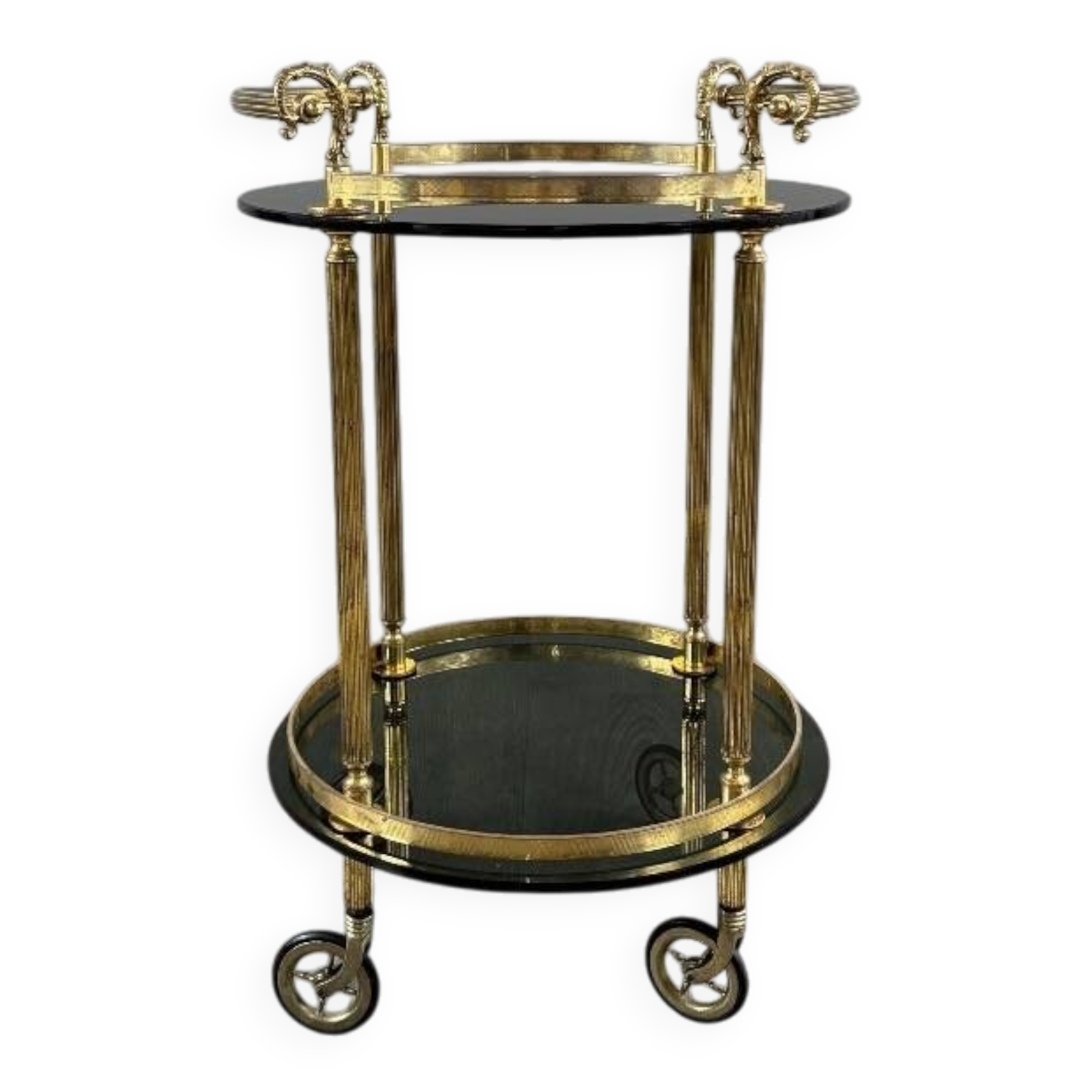 Rolling serving table in gold metal and smoked glass, 20th century