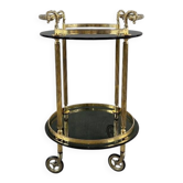 Rolling serving table in gold metal and smoked glass, 20th century