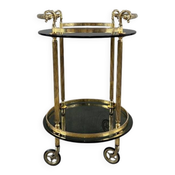 Table desserte roulante en métal doré et verre fumé, XXe siècle