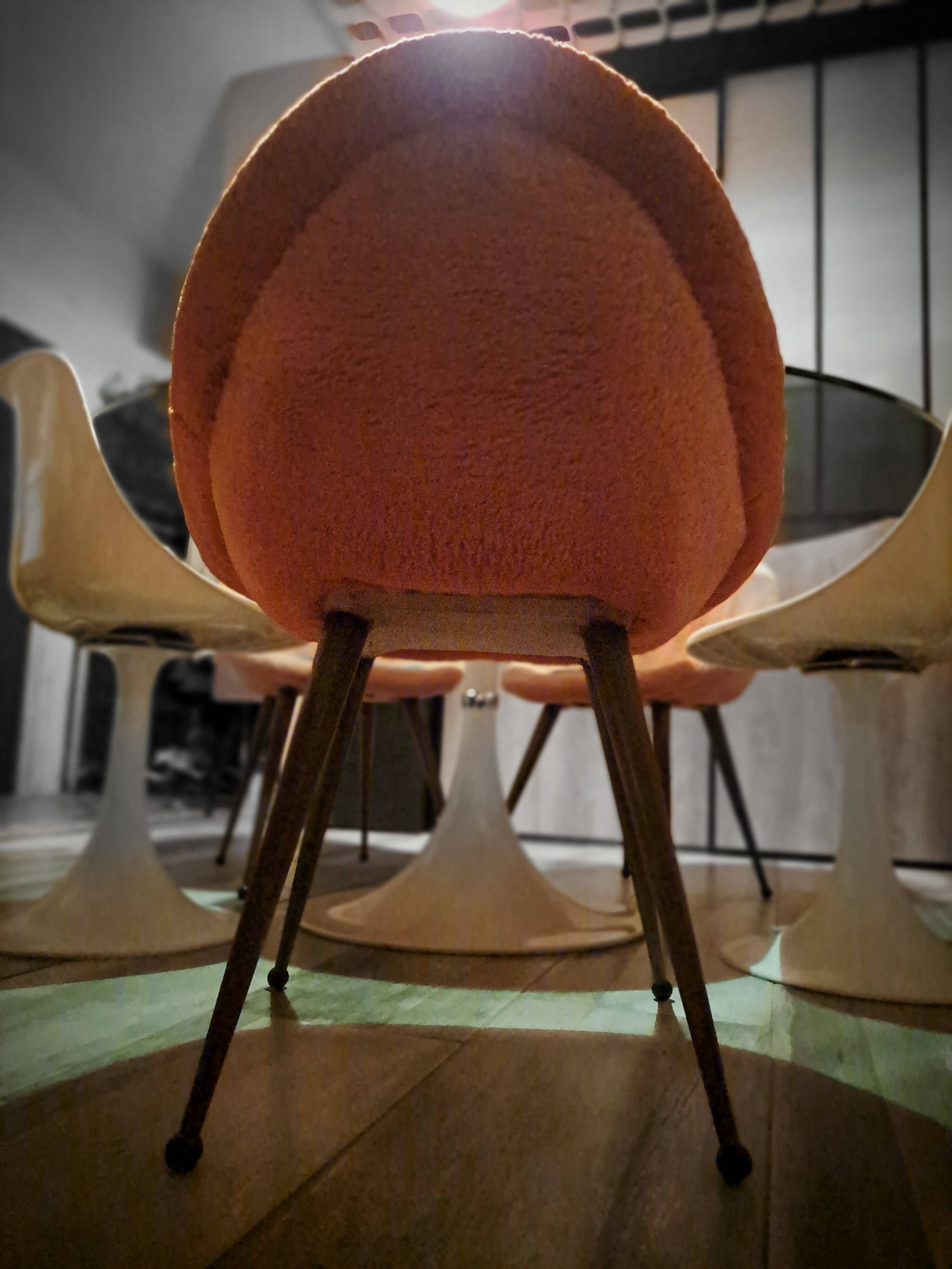 Set of 3 chairs, egg-shaped armchairs with compass legs, 1950