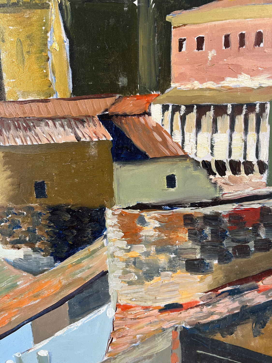 Castle in the rooftops, oil on wood panel, signed JA Dompierre.