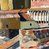 Castle in the rooftops, oil on wood panel, signed JA Dompierre.