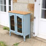 Buffet vitré ancien en bois massif bleu, rénové