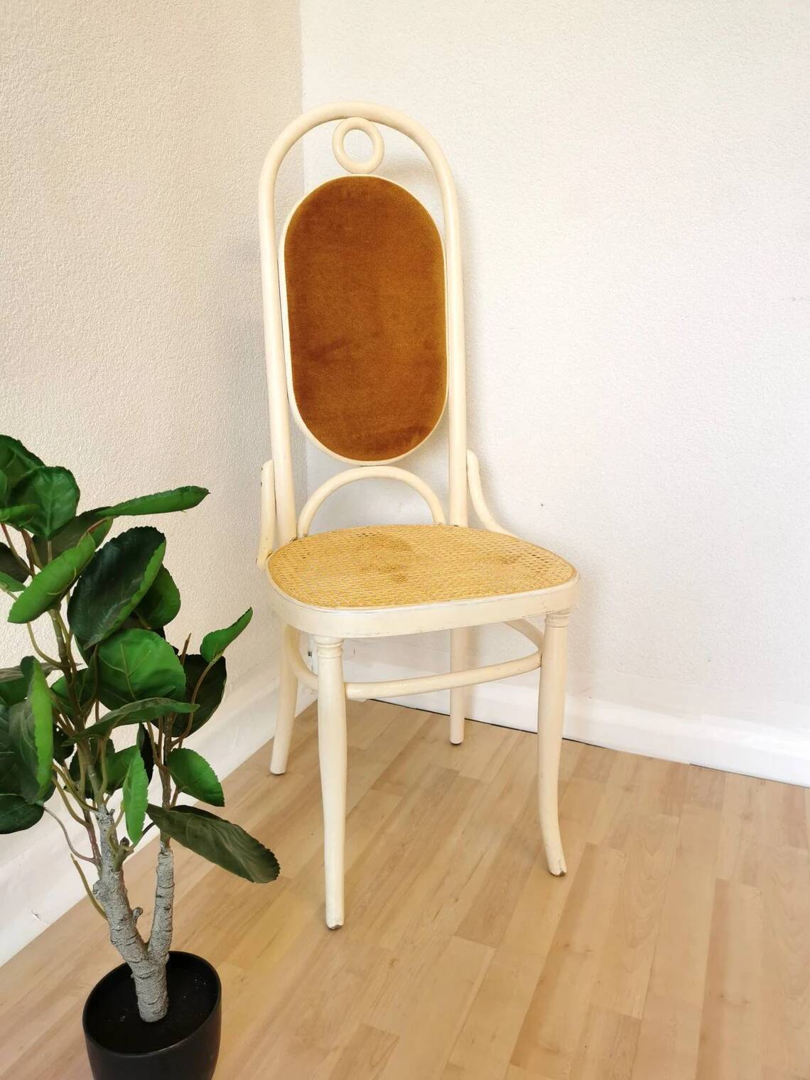 Vintage Thonet Bentwood Dining Chair: Cane Seat, Yellow Fabric Back
