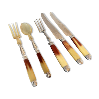 Bovine Horn Silver Metal Stainless Steel Serving Cutlery - Vintage Art Deco Tableware