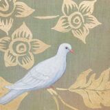 Painted canvas depicting doves in foliage.