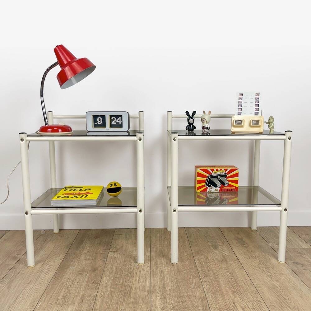 Pair of metal bedside tables and double smoked glass top from the 80s