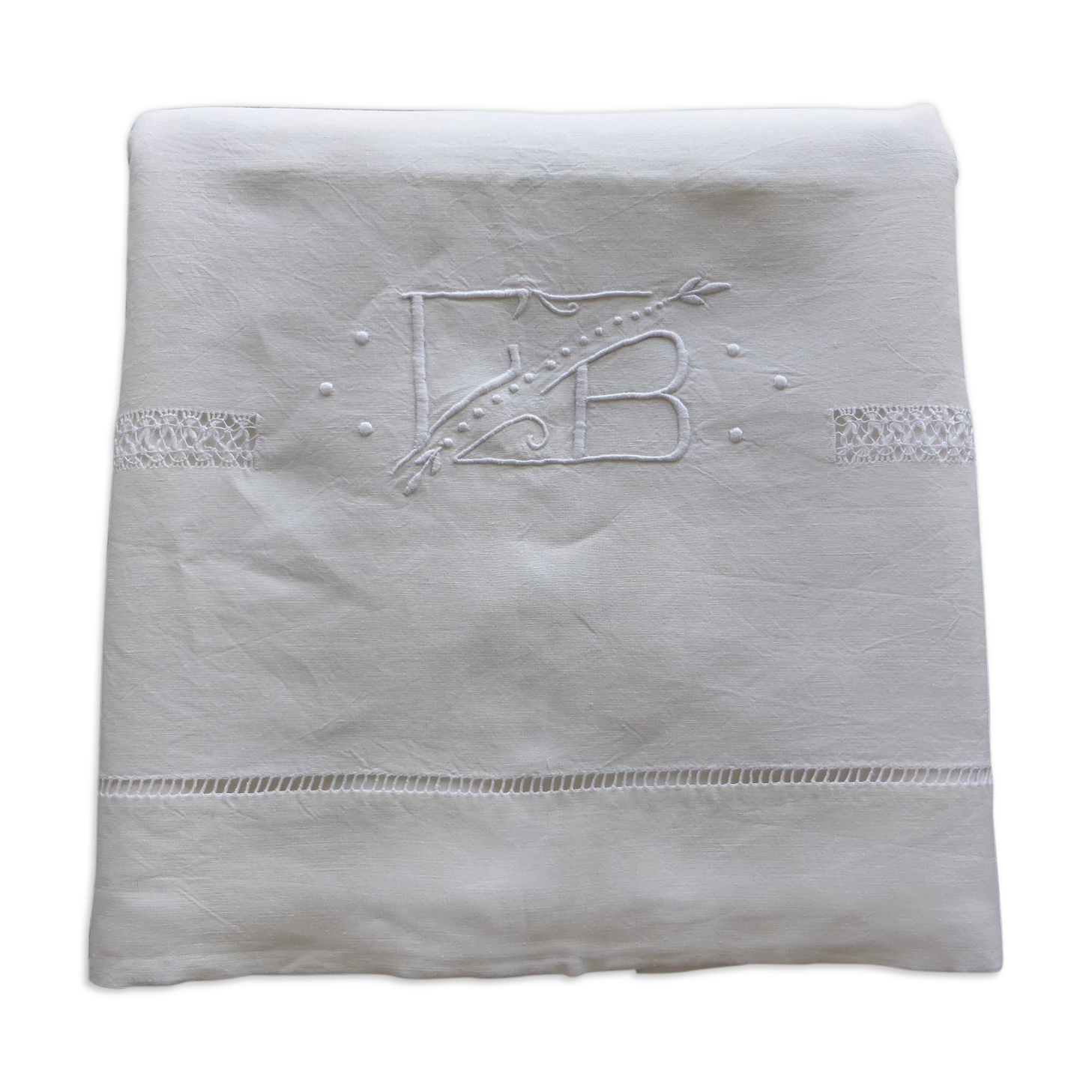 Old linen sheet embroidered with fancy days-monogram GB-225x278cm