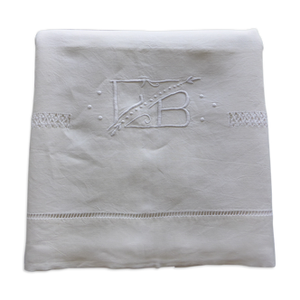 Old linen sheet embroidered with fancy days-monogram GB-225x278cm
