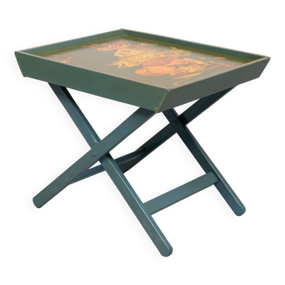 Table de service pieds croisés en forme de hibou turquoise années 1950