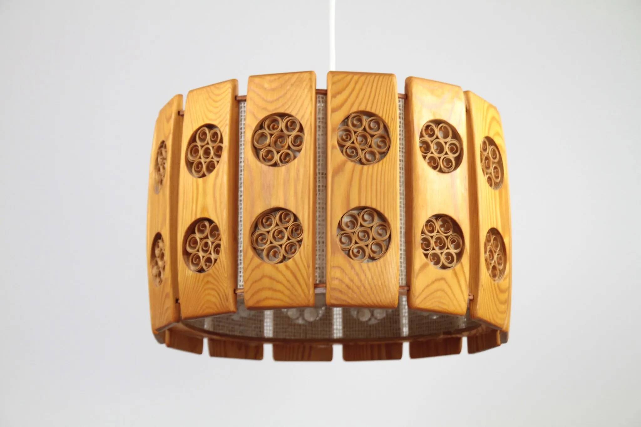 Pine Pendant Lamp with Rolled Wood Curl Rosettes – Sweden, 1970s