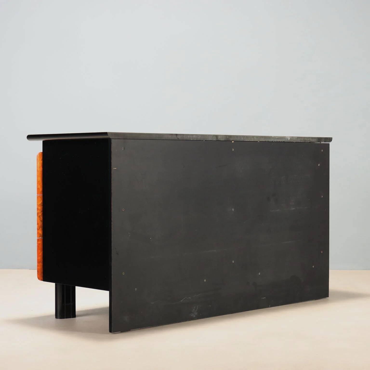 1980s lacquered wood and burl commode