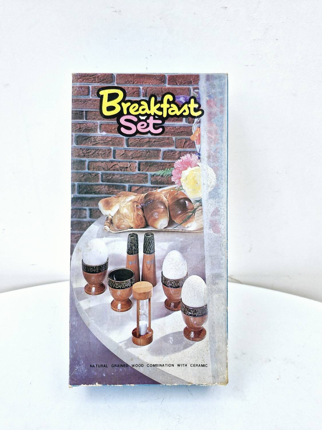 Set of 4 egg cups, salt shakers, pepper shakers and vintage wood and ceramic timer