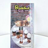 Set of 4 egg cups, salt shakers, pepper shakers and vintage wood and ceramic timer