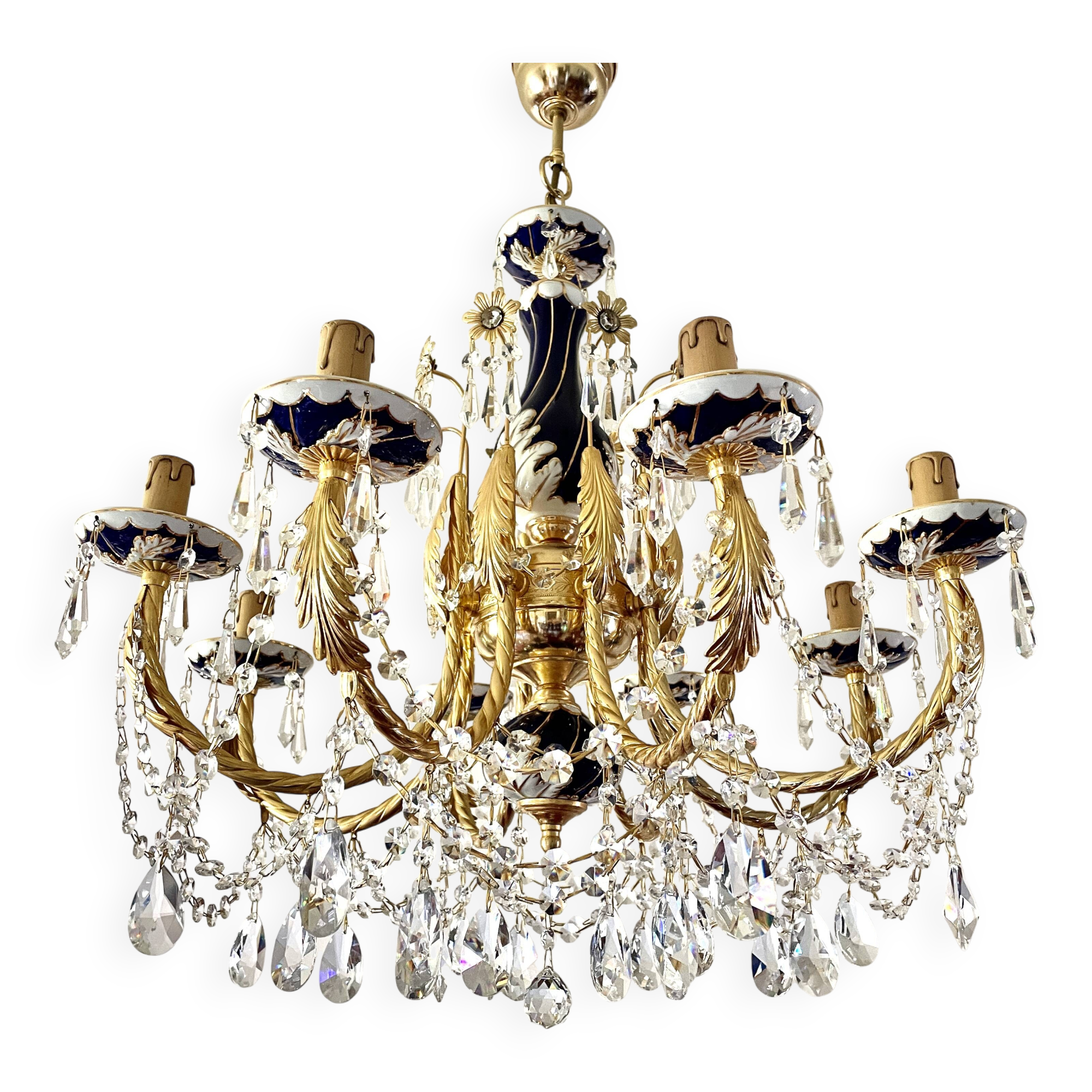 Large Russian chandelier in blue ceramic and crystal pendants, mid-20th century