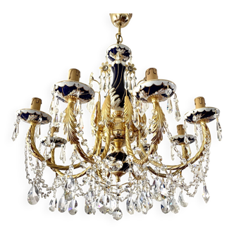 Large Russian chandelier in blue ceramic and crystal pendants, mid-20th century