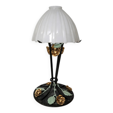 Art Deco table lamp – wrought iron and white opaline – H 58 cm