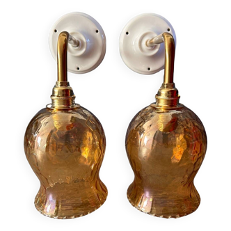 Pair of amber glass wall lights