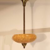 Lustre ancien en verre de Clichy jaune moutarde et laiton doré