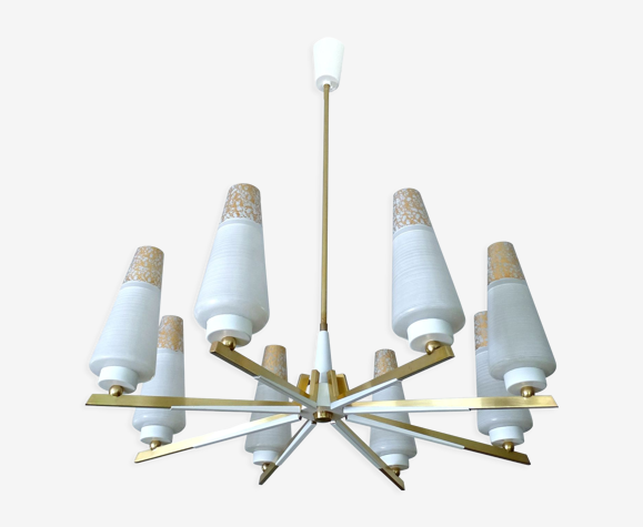 Suspension vintage design années 50 laiton et opaline, blanc or