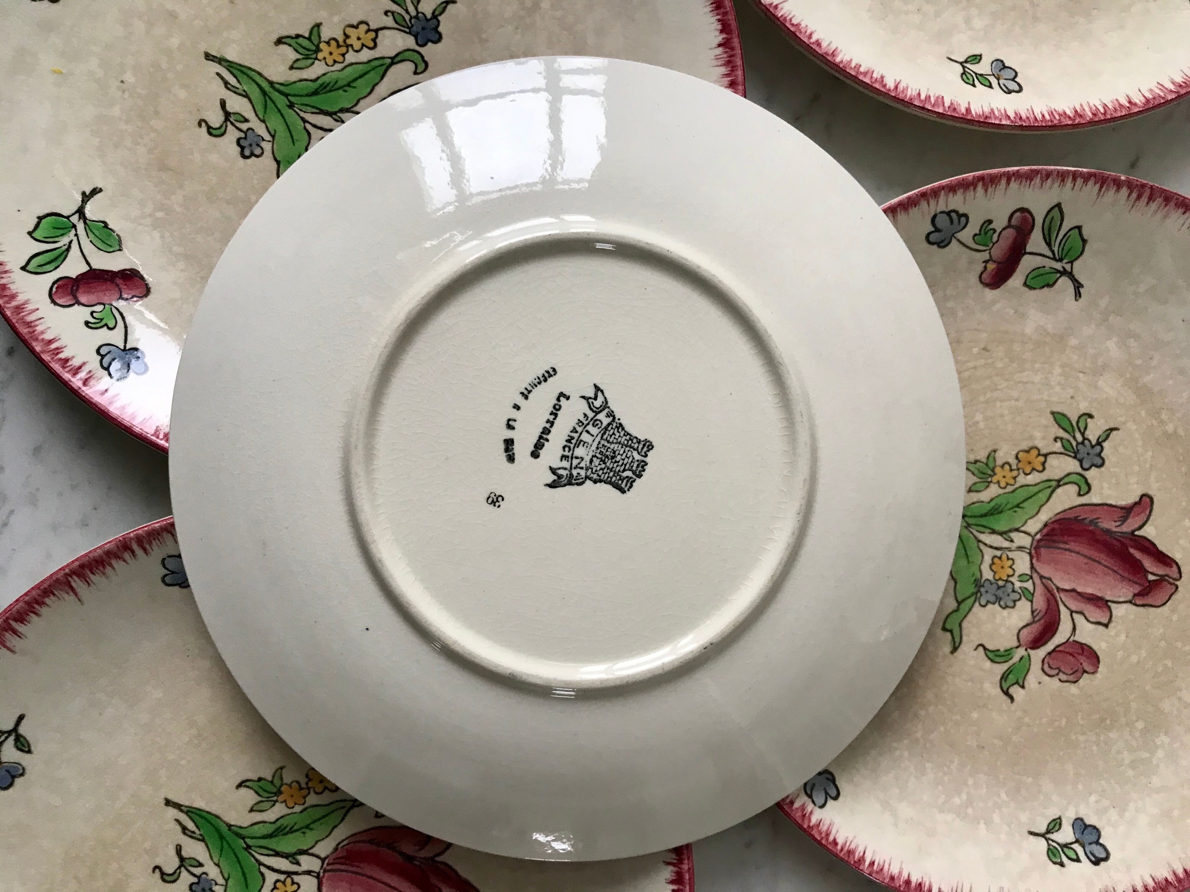Set of 7 dessert plates gien model "lorraine" hand painted 30-40s