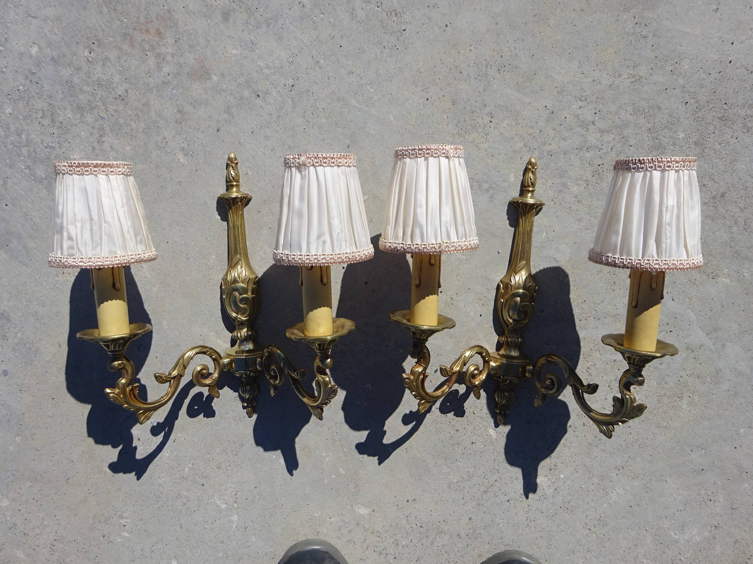 Bronze wall sconces, silk shades, pair