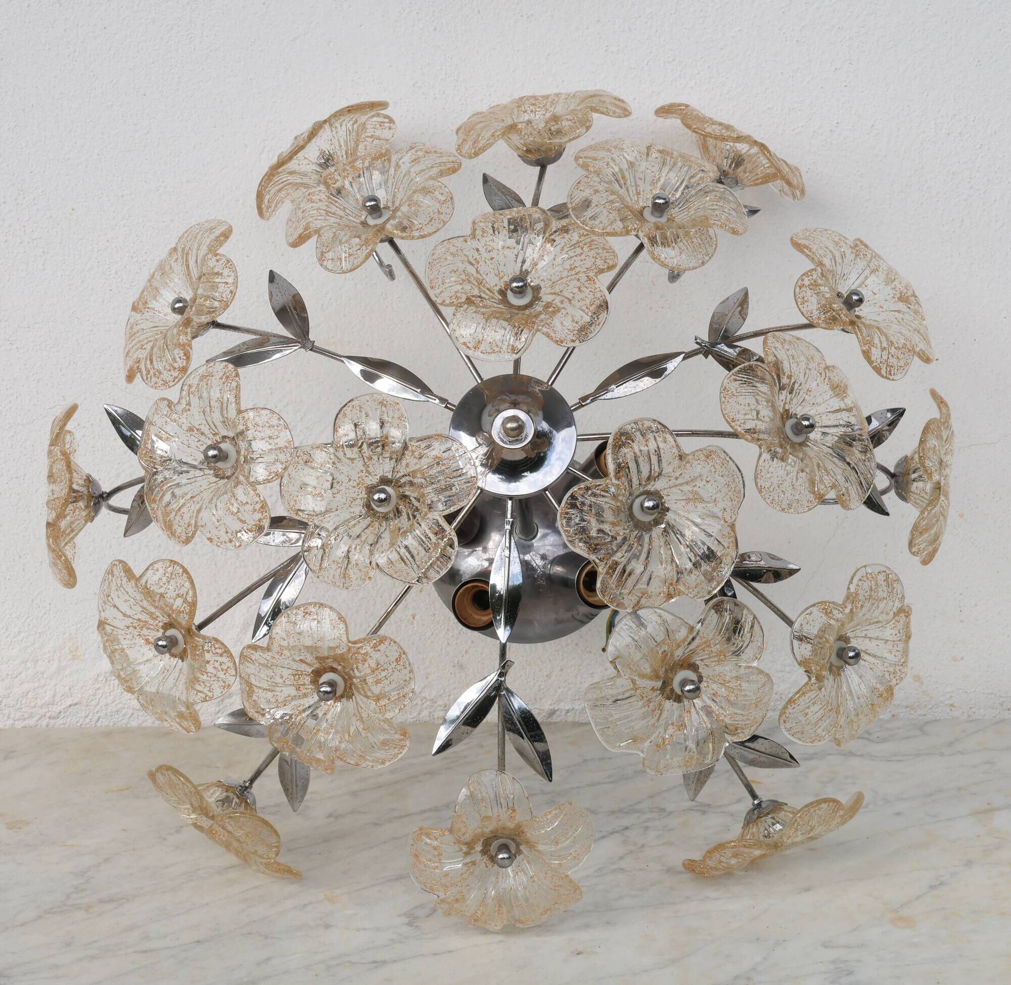 Wonderful Gold and Transparent Murano Glass Ceiling Light Flower